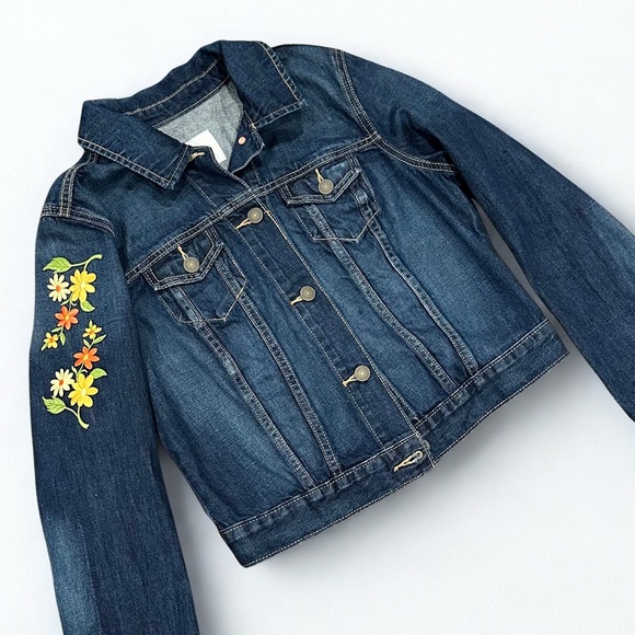 Old Navy Jackets & Blazers - Upcycled Denim Jacket Old Navy Cropped Jean Jacket Small Retro Floral Embroider